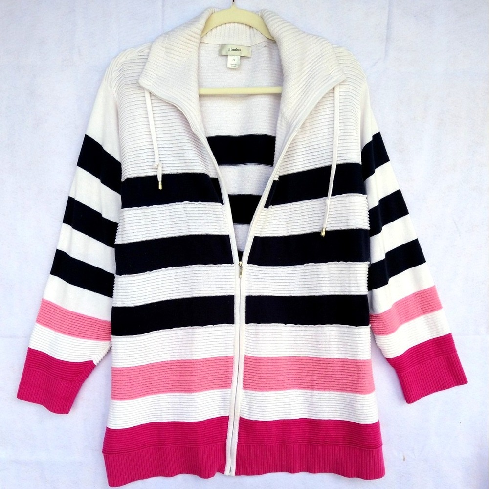 2X Coastal Nautical Blue Pink White Striped Zip Sweater Classic Chic Academia